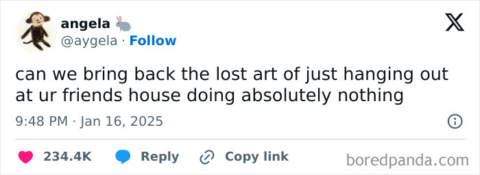 A tweet expressing Honest-Millennial-Complaints about missing simple hangouts with friends.