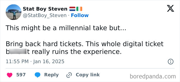 Tweet expressing Honest-Millennial-Complaints about digital tickets, preferring hard tickets for a better experience.
