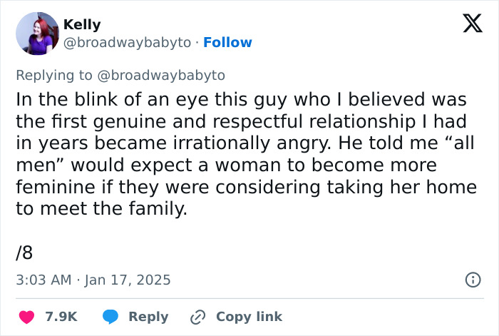 Tweet about a man's demands for his girlfriend to change her looks, highlighting a reality check. Tweet about a man's demands for his girlfriend to change her looks, highlighting a reality check.