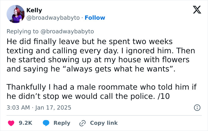 Tweet about unwanted attention from an ex-boyfriend who insisted on change, gaining thousands of interactions. Tweet about unwanted attention from an ex-boyfriend who insisted on change, gaining thousands of interactions.