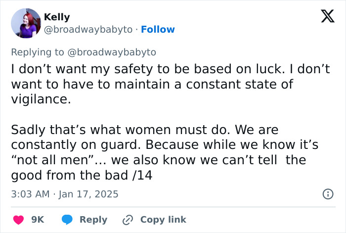 Kelly responds to a tweet, discussing women's safety and vigilance, receiving widespread support. Kelly responds to a tweet, discussing women's safety and vigilance, receiving widespread support.