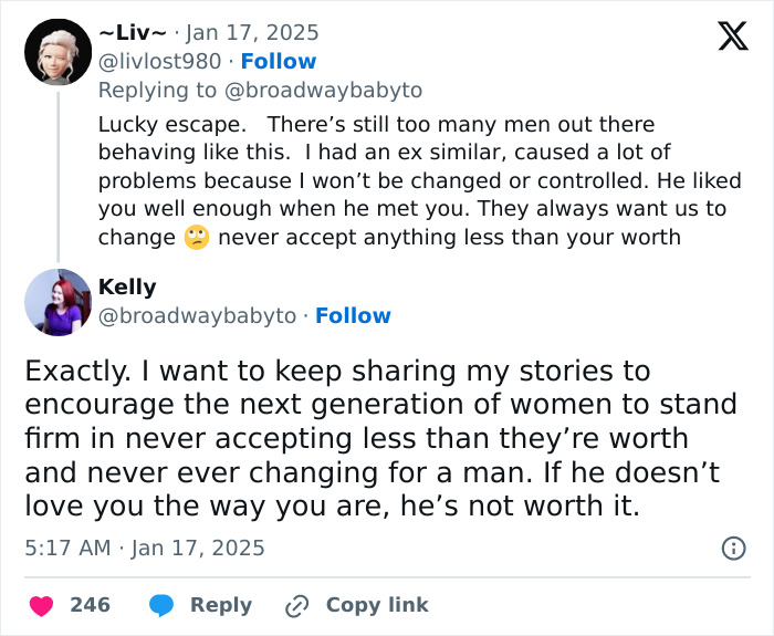 Conversation about a man's unreasonable demands for his girlfriend to change her looks, emphasizing self-worth. Conversation about a man's unreasonable demands for his girlfriend to change her looks, emphasizing self-worth.