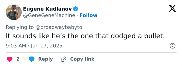 Screenshot of a tweet responding to a post about demands to change looks, implying dodging a bullet. Screenshot of a tweet responding to a post about demands to change looks, implying dodging a bullet.