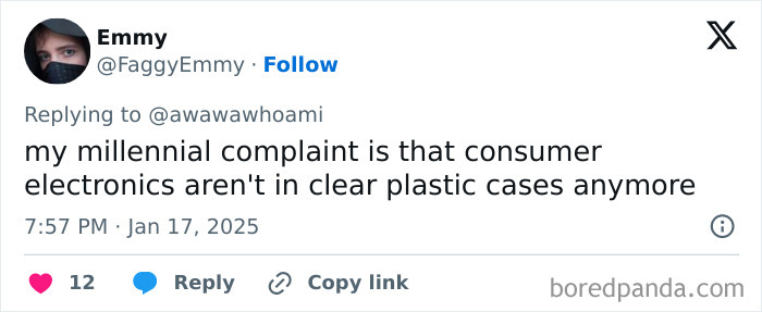 Tweet about honest millennial complaints regarding changes in consumer electronics packaging.