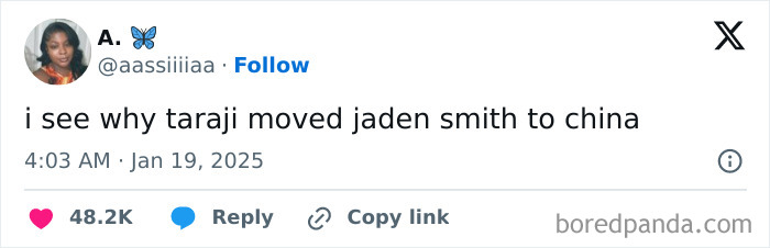 Tweet celebrating Black culture with humor, mentioning Taraji and Jaden Smith, liked by 48.2K users.