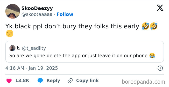 Tweet celebrating Black culture with humorous text and emojis, engaging in lighthearted banter about phone apps.