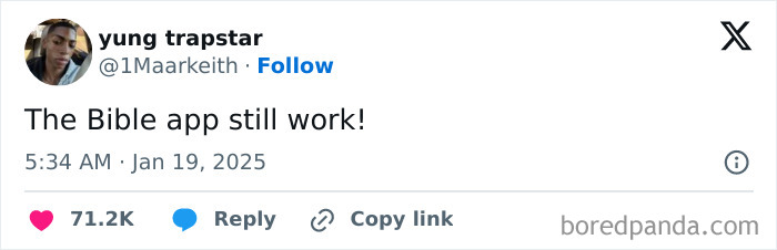 Tweet screenshot saying, "The Bible app still work!" celebrating Black culture humor.