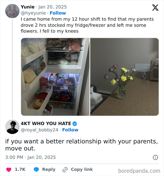 Fridge filled with groceries and vase of flowers, highlighting a social media moment of social justice and gratitude.