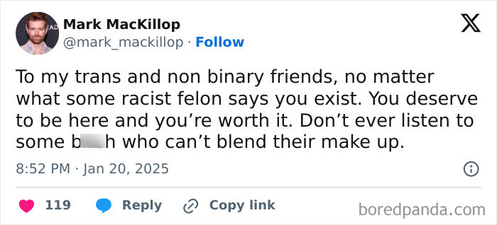 Tweet about social justice supporting trans and non-binary people against racism and discrimination.