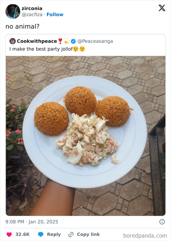 Plate of jollof rice and salad held outdoors, celebrating Black culture with a humorous tweet about party food.