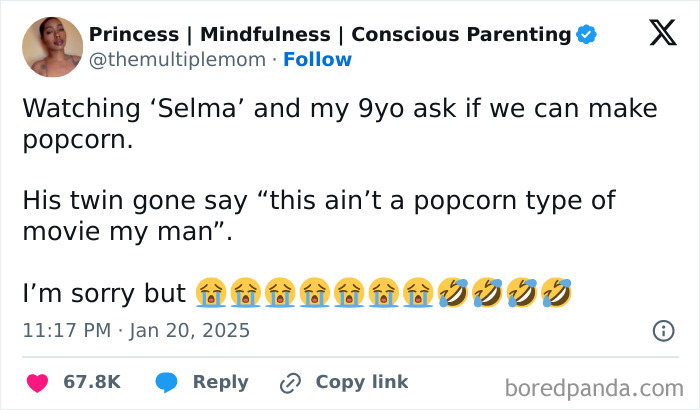 Tweet humorously celebrating Black culture with a parenting moment about watching 'Selma' and popcorn.