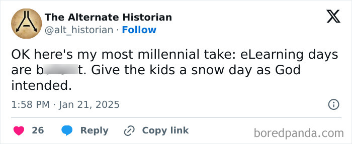 Millennial complaints tweet expressing frustration with eLearning, favoring traditional snow days for children.