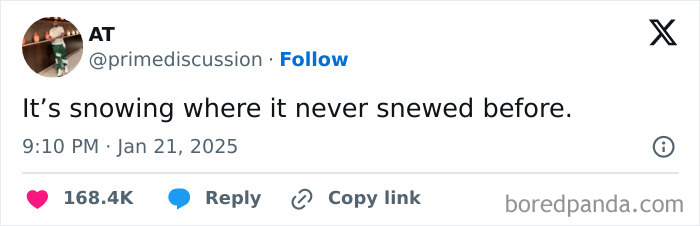 Tweet humorously discussing unexpected snow, showcasing Black culture wit.