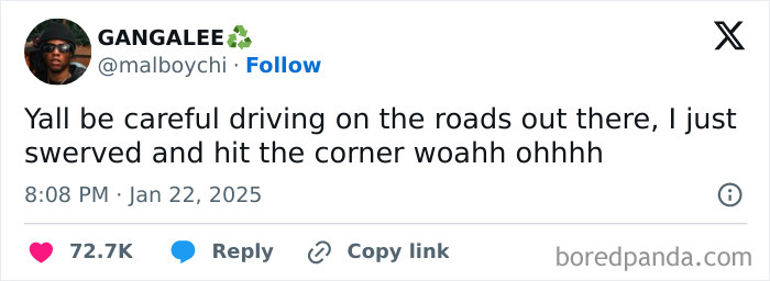 Tweet humorously depicting driving caution, celebrating Black culture through humor.