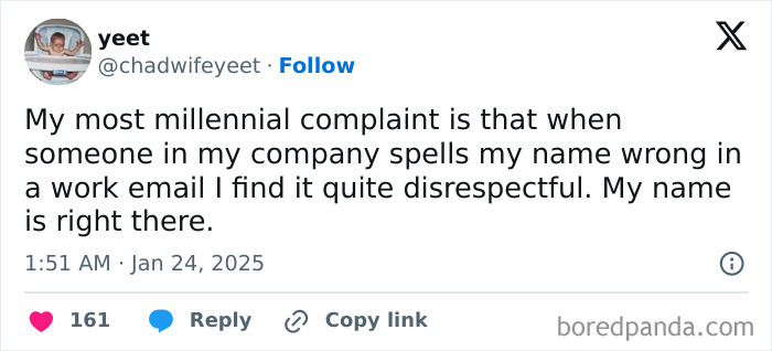 Twitter post sharing an Honest-Millennial-Complaint about misspelled names in work emails.
