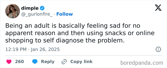 Tweet about adulthood humor, referencing coping with sadness through snacks or online shopping.