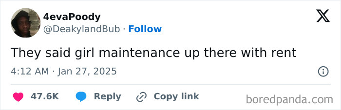 Tweet humorously comparing girl maintenance costs to rent, highlighting Black culture humor.