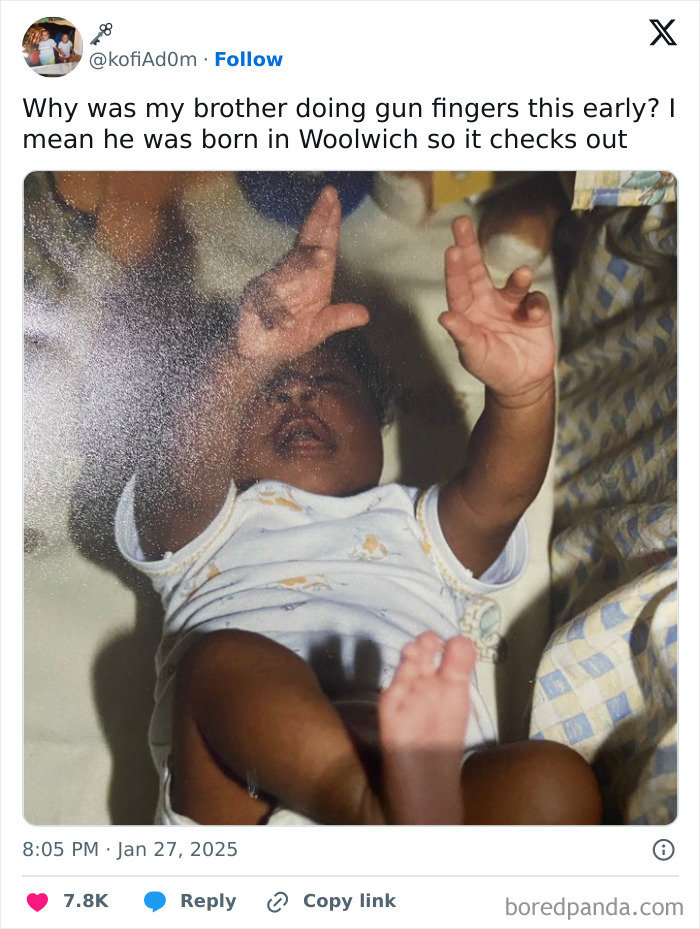 Baby doing humorous gesture in a crib, representing Black culture humor in a tweet post.