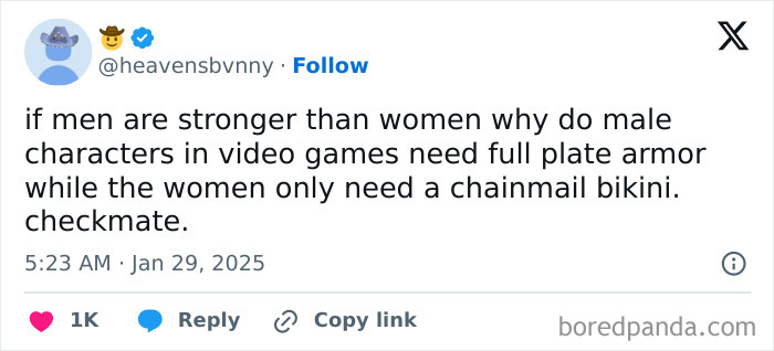 Tweet highlighting a social justice issue by questioning gender armor disparities in video games.