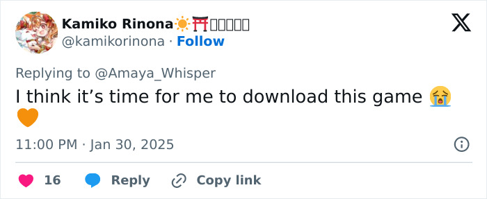 Tweet about period tracker in mobile game, expressing excitement to download.