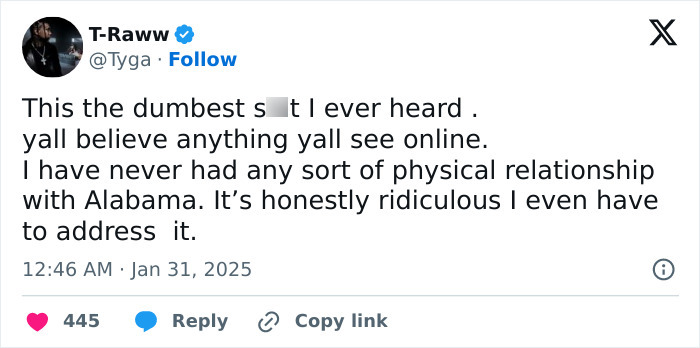 Tweet from T-Raww denying a relationship, mentioning Alabama, with engagement metrics visible at the bottom. Tweet from T-Raww denying a relationship, mentioning Alabama, with engagement metrics visible at the bottom.