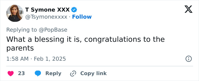 Tweet congratulating parents on surrogacy, expressing blessing and congratulations. Tweet congratulating parents on surrogacy, expressing blessing and congratulations.