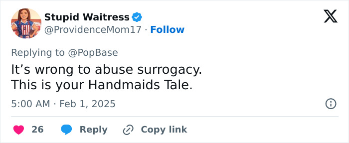 Tweet criticizing surrogacy and referencing The Handmaid's Tale, highlighting controversy around Lily Collins' surrogacy. Tweet criticizing surrogacy and referencing The Handmaid's Tale, highlighting controversy around Lily Collins' surrogacy.