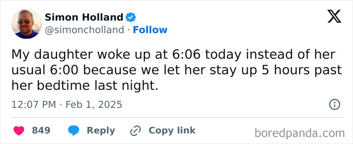 Tweet from a parent humorously recounting a child's wake-up time change after late bedtime.