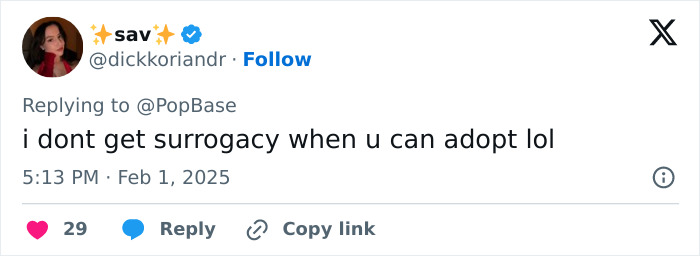 Tweet criticizing celebrities for surrogacy, suggesting adoption instead.