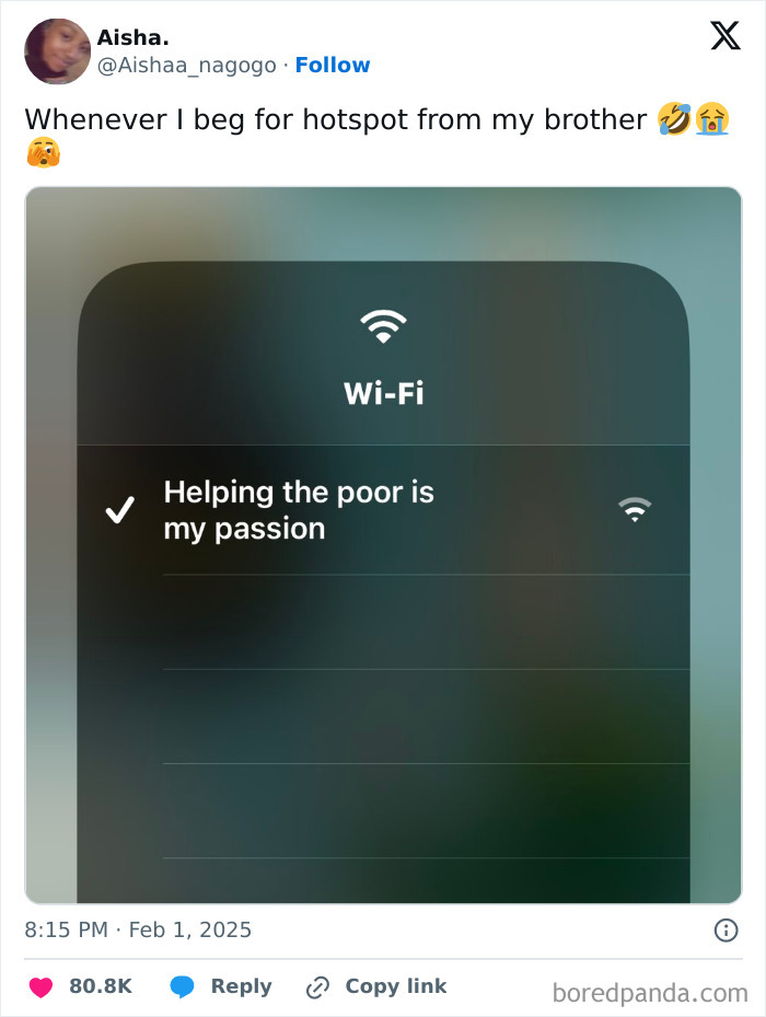 Tweet humorously celebrates Black culture with a WiFi name: "Helping the poor is my passion."