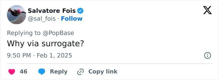 Tweet questioning use of surrogate, focusing on surrogate babies.