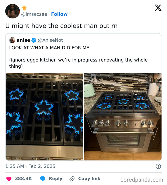 Tweet screenshot shows renovated kitchen stove with ignited burners, exemplifying peak internet humor.