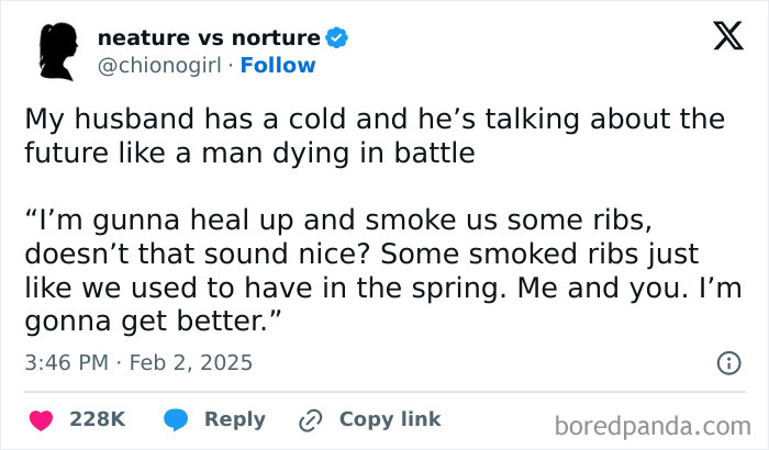 A humorous February tweet about a husband with a cold planning a future rib barbecue, gaining 228K likes.
