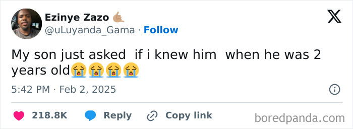 Tweet from a parent about their son asking if they knew him at 2 years old, with crying emojis.