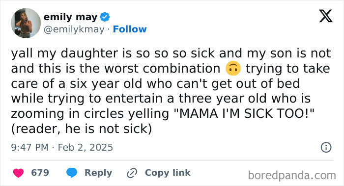 Tweet from a parent humorously describing the challenge of managing kids during sickness.