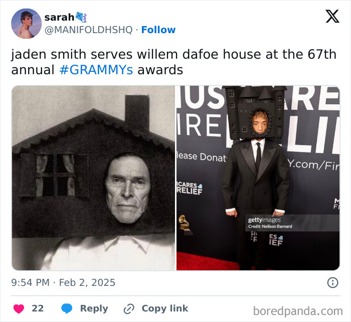 Person in a house costume at the 67th annual Grammys, inspired by a black and white image on the left.