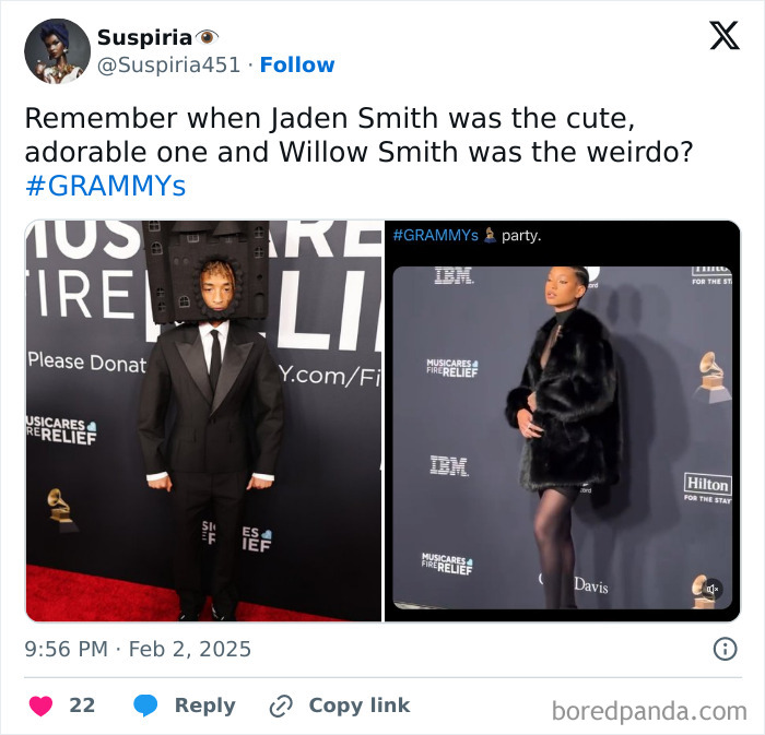 Grammys reactions: person in a suit with a TV frame, another in a fur coat, posing on the red carpet.