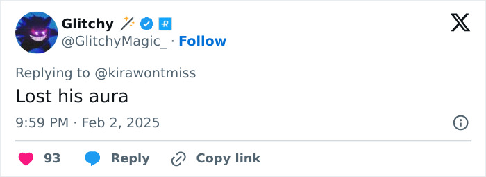 Tweet by GlitchyMagic about Jaden and Willow Smith's outfits at Grammys 2025, saying "Lost his aura. Tweet by GlitchyMagic about Jaden and Willow Smith's outfits at Grammys 2025, saying "Lost his aura.