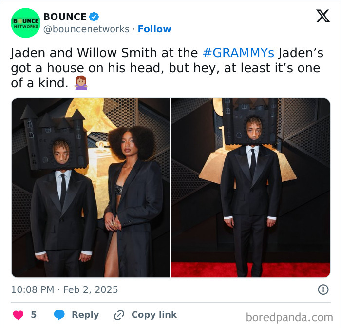 Jaden and Willow Smith in unique outfits at the 2025 Grammys, Jaden humorously wearing a house on his head.