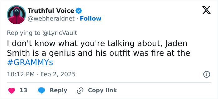 Tweet supporting Jaden Smith's Grammy 2025 outfit, calling him a genius and praising the look. Tweet supporting Jaden Smith's Grammy 2025 outfit, calling him a genius and praising the look.