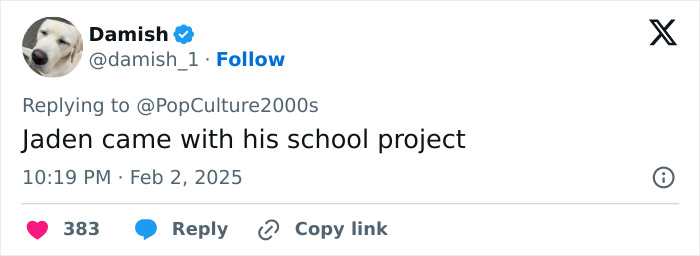 Tweet joking about Jaden Smith's outfit at the Grammys 2025 with 383 likes. Tweet joking about Jaden Smith's outfit at the Grammys 2025 with 383 likes.