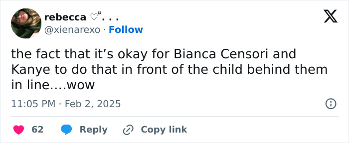 A tweet mentioning Bianca Censori and a child in line at the Grammys. A tweet mentioning Bianca Censori and a child in line at the Grammys.