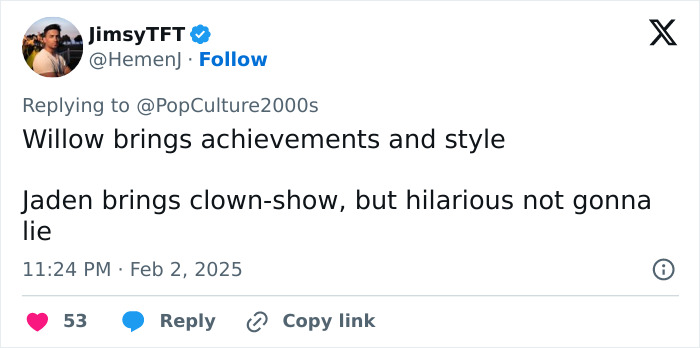 Tweet about Willow and Jaden Smith's Grammy 2025 outfits; humorously called a "clown-show. Tweet about Willow and Jaden Smith's Grammy 2025 outfits; humorously called a "clown-show.