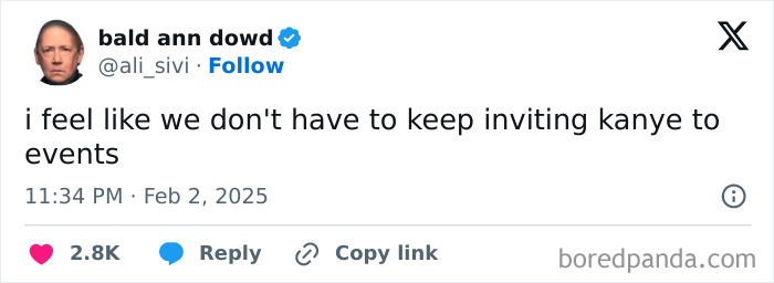 Tweet humorously reacting to 2025 Grammys about Kanye's event invitations.