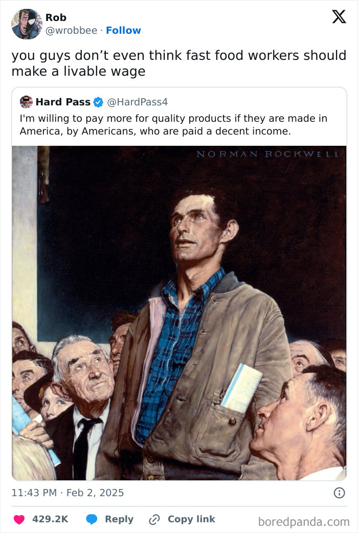 Twitter screenshot featuring internet humor and a Norman Rockwell painting.