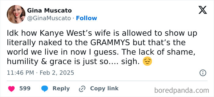 Tweet humorously reacting to Kanye West's wife's outfit at the 2025 Grammys.