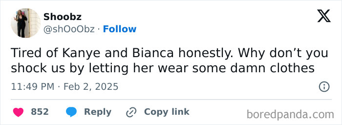 A social media post humorously reacting to the 2025 Grammys, mentioning Kanye and Bianca.