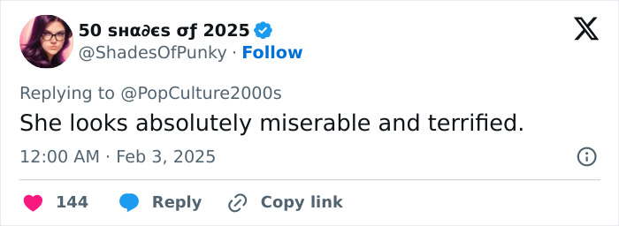 Tweet reaction to Bianca Censori's 2025 Grammy outfit, expressing she's "miserable and terrified," gaining 144 likes. Tweet reaction to Bianca Censori's 2025 Grammy outfit, expressing she's "miserable and terrified," gaining 144 likes.