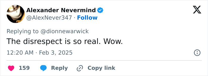 Tweet expressing outrage over Grammys, tagged to Dionne Warwick. Tweet expressing outrage over Grammys, tagged to Dionne Warwick.