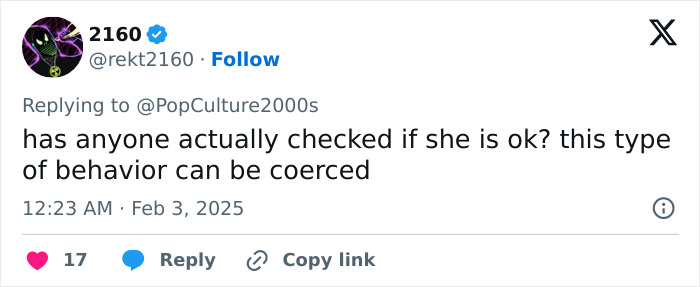 Tweet questioning Bianca Censori's wellbeing after her Grammy 2025 outfit, suggesting behavior could be coerced. Tweet questioning Bianca Censori's wellbeing after her Grammy 2025 outfit, suggesting behavior could be coerced.